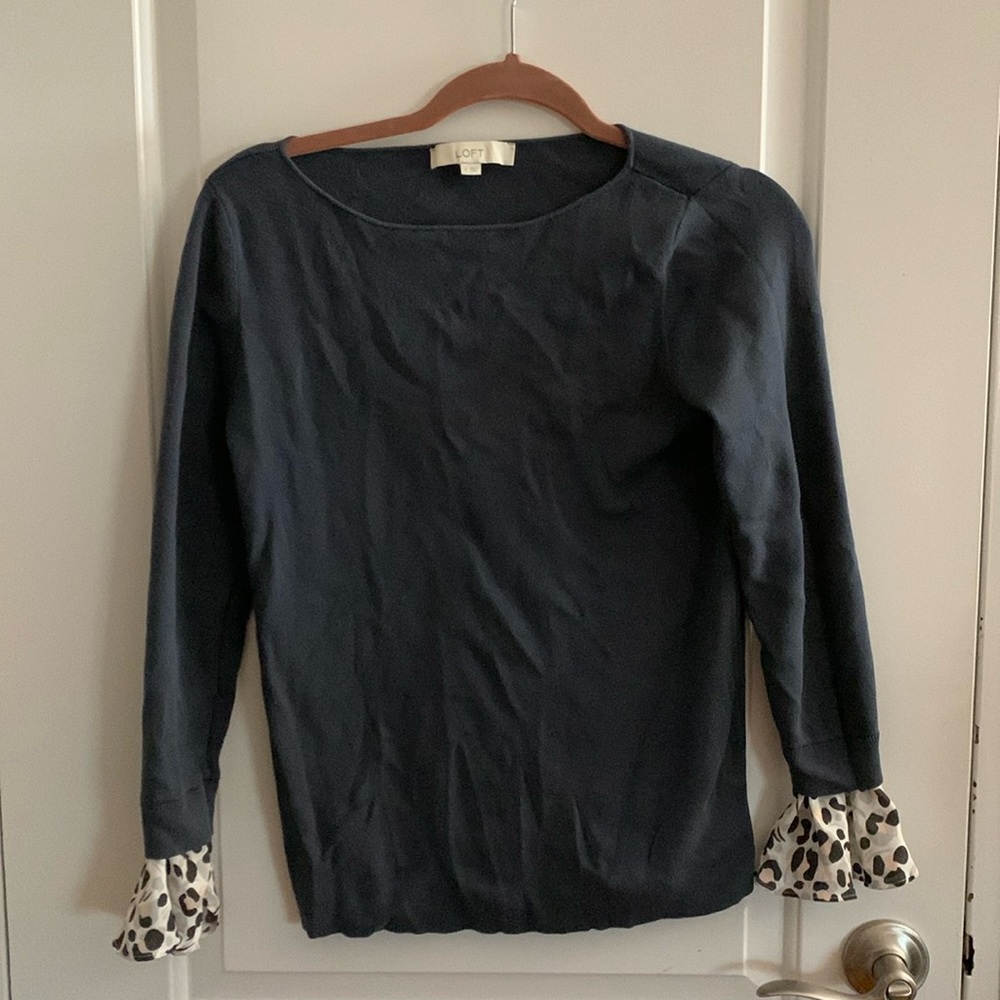 Loft Charcoal Grey Top with Leopard Embellishment sleeves